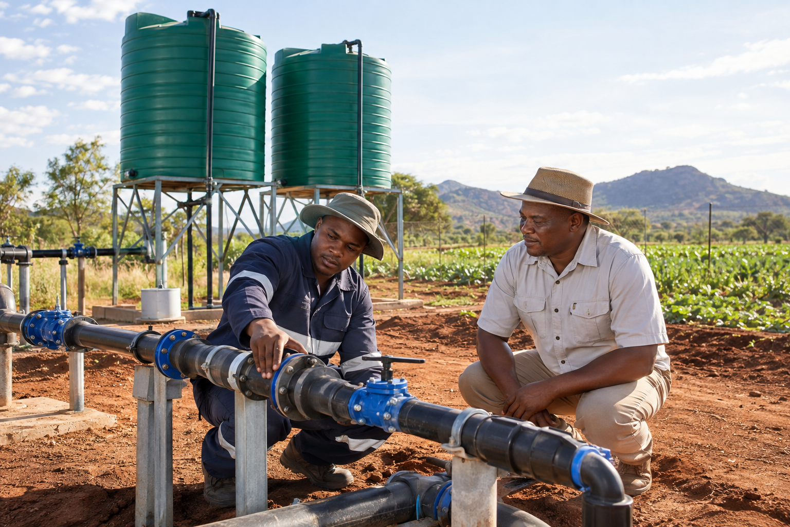 Black South African irrigation technician inspecting water reticulation pipework